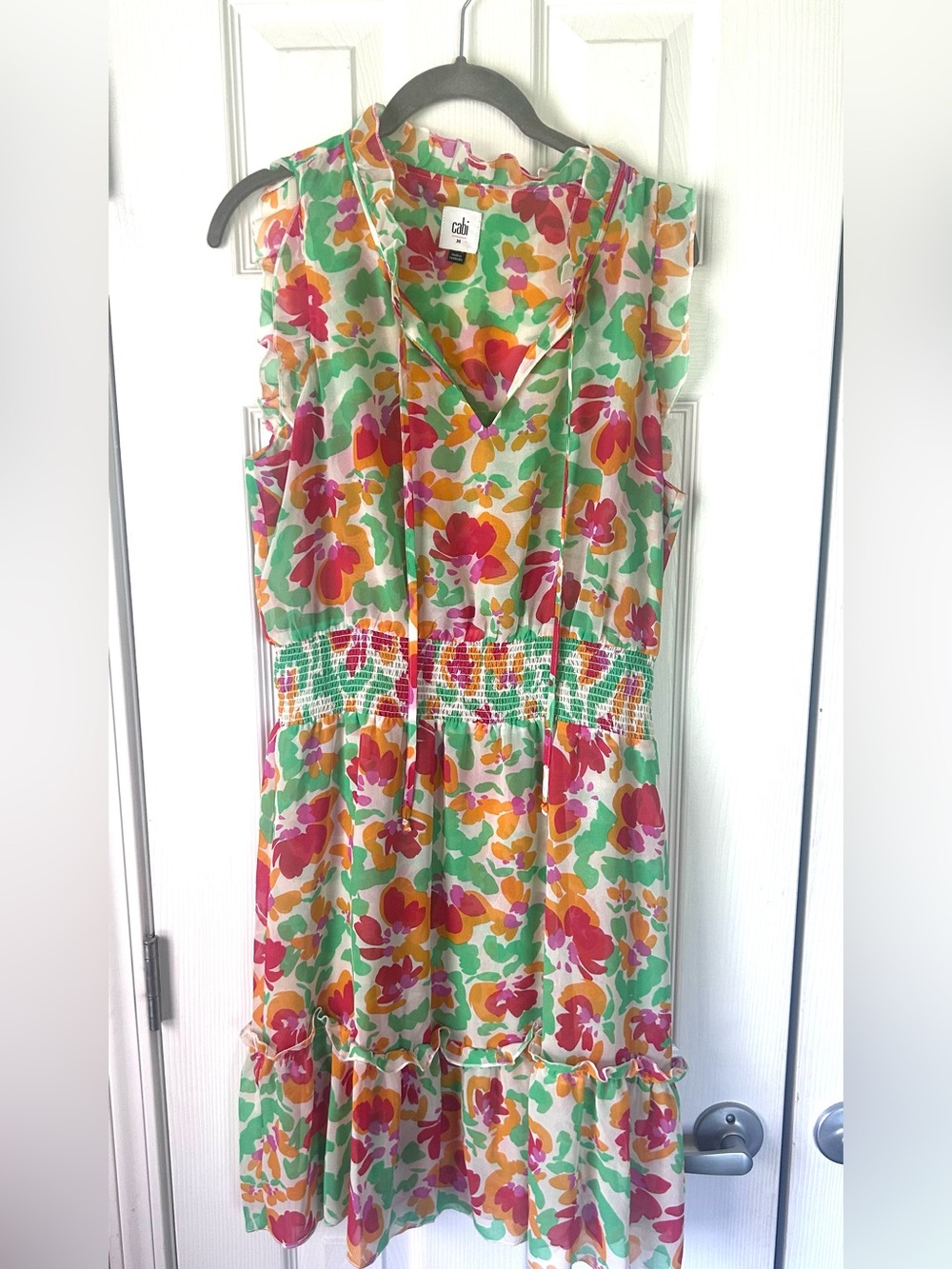 Cabi Floral Smocked Waist Ruffle Hem Sleeveless Dress Medium
